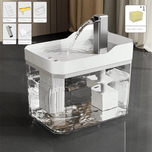 Automatic Cat Water Fountain with USB Pump and Anti-Dry Burning Feature, Transparent Design and Recirculating Water Filter System