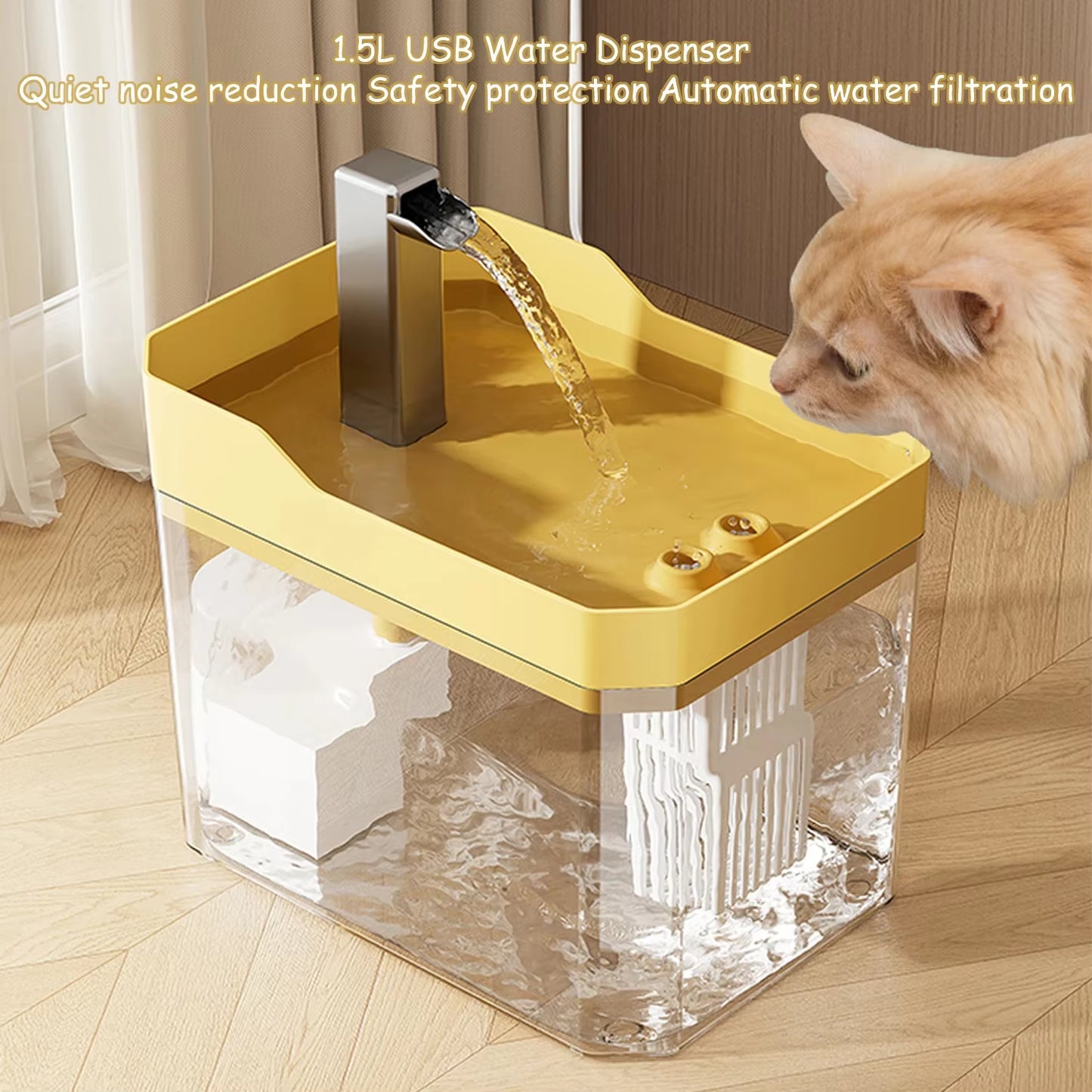 Automatic Cat Water Fountain with USB Pump and Anti-Dry Burning Feature, Transparent Design and Recirculating Water Filter System